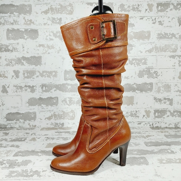Boutique Shoes - Boutique Brown Buckle Almond Toe Fall Knee High Slouch Heeled Boots C390